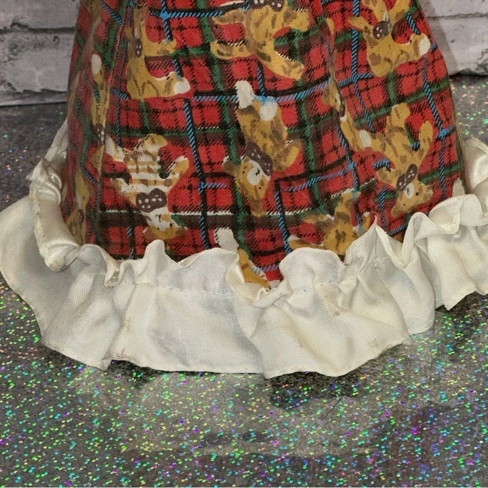 Christmas Tree Topper Porcelain Doll 12 in Blonde Hair Plaid Teddy Bear Dress